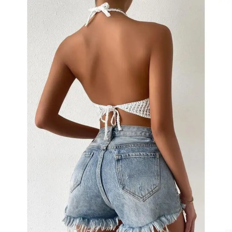 N7YE Crochet Beach Halter Bra Women Hollow Strappy Sexy V-Neck Cami Vest Top