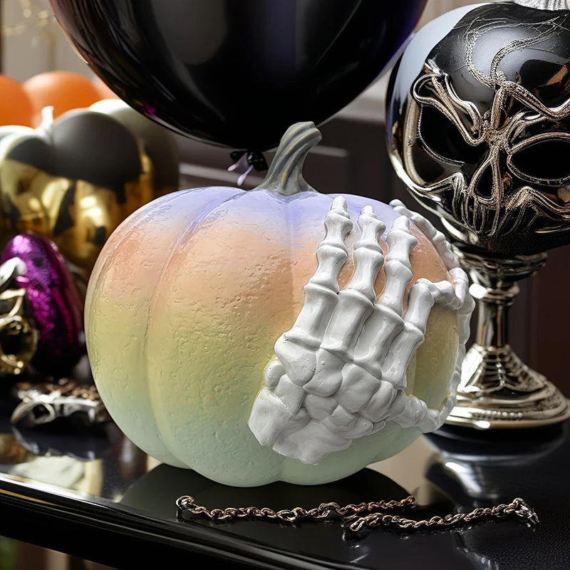 Fake Pumpkins Halloween Pumpkin Skeleton Hand Figurines Resin Artwork Collectible Figurines Gothic Fall Decor Halloween