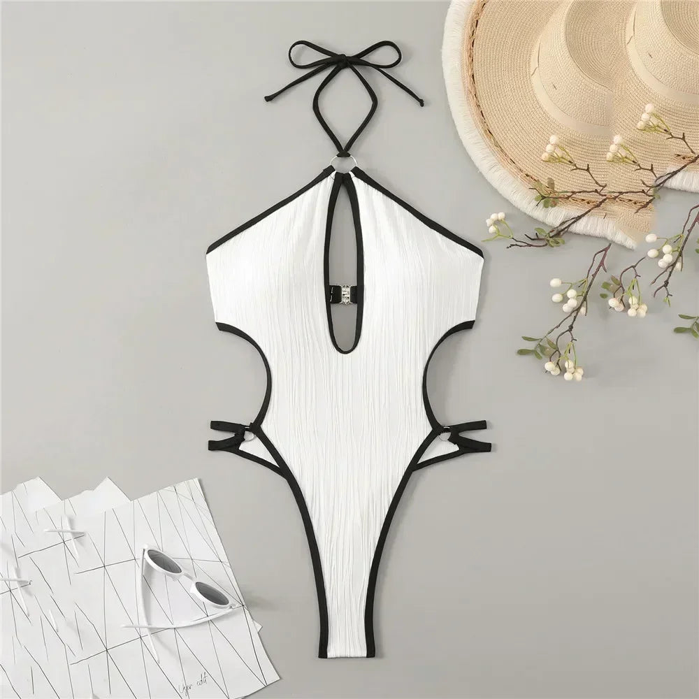 Sexy White Backless Swimwear Women 2024 One Piece Swimsuit  Bathing Suit String Halter Swimming Wear Bather