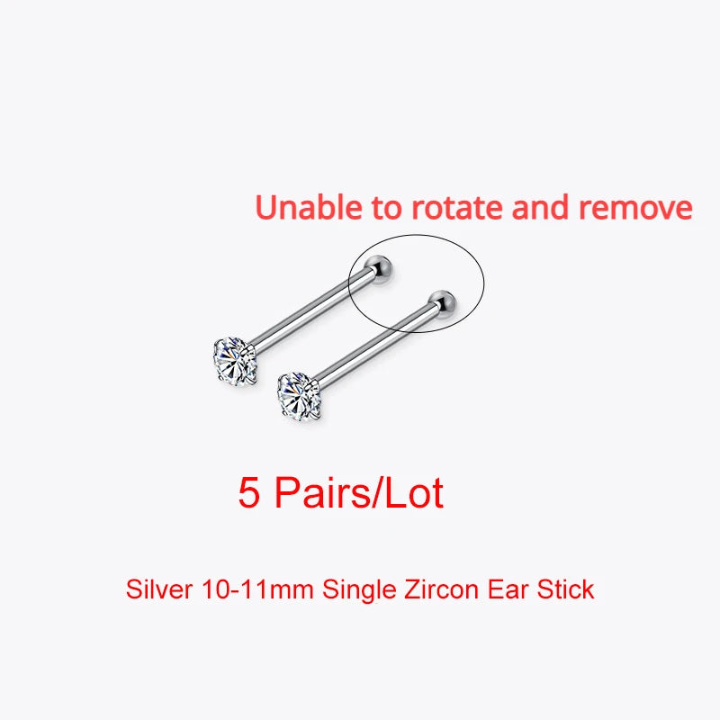 SOFTPIG 5 Pairs/Lot Real 925 Sterling Silver Single Zircon Ear Hole Bead Stud Earrings For Women Classic Minimalist Fine Jewelry