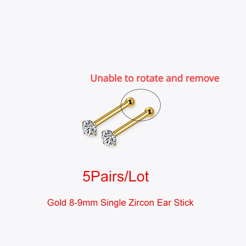 SOFTPIG 5 Pairs/Lot Real 925 Sterling Silver Single Zircon Ear Hole Bead Stud Earrings For Women Classic Minimalist Fine Jewelry