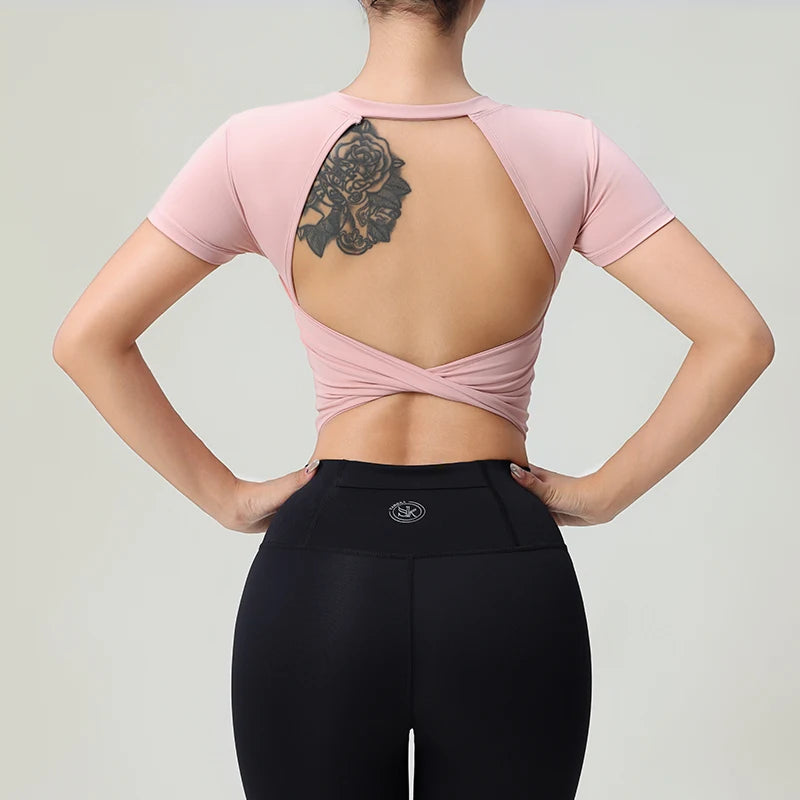 New yoga short sleeve with chest pad sexy back fitness wear yoga top women wear waist slimming sports T-shirt