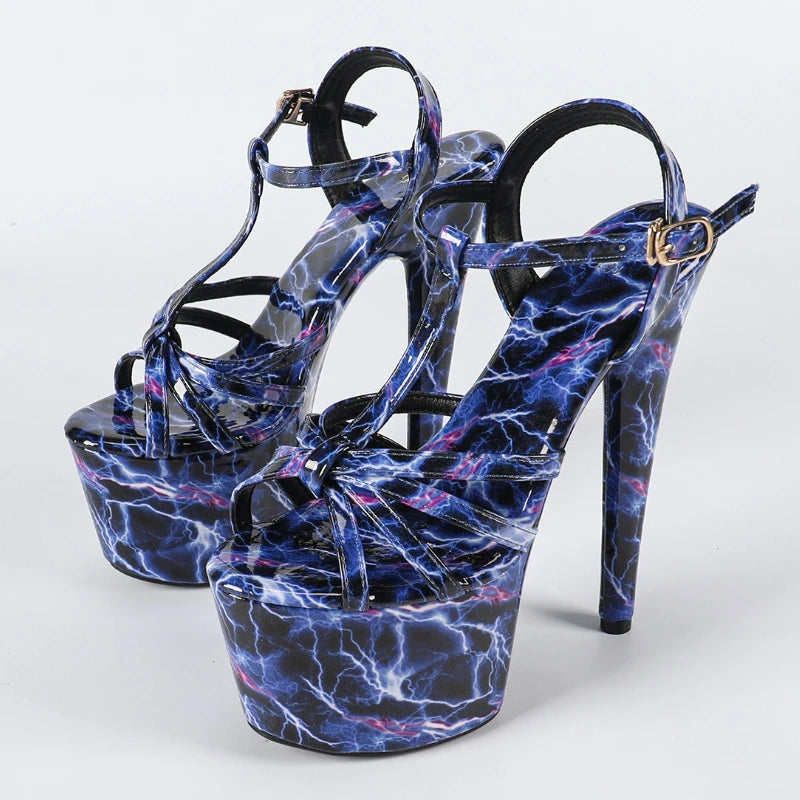 13cm Super Heel Platform Sandals Women Fashion Print Ankle Strap Buckle Brand Designer Shoe Sexy Nightclub T Strap Stripper Shoe