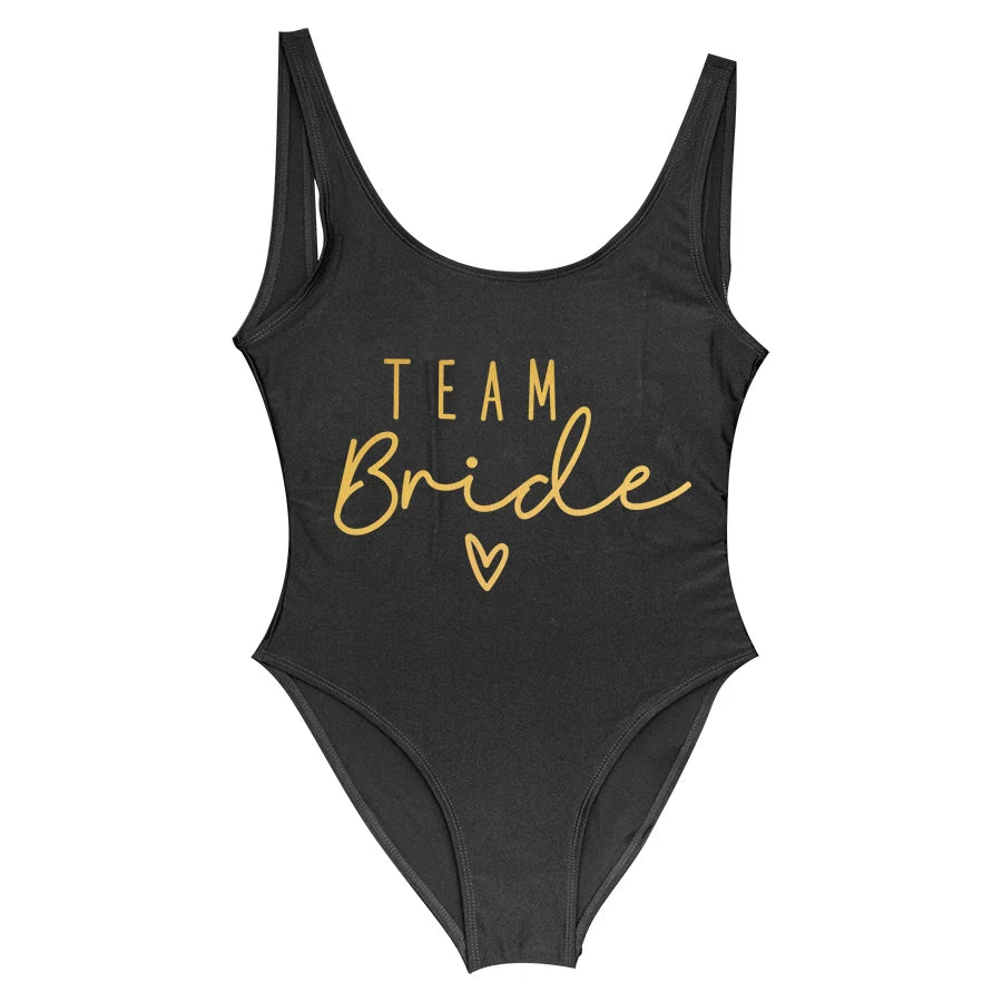 S-3XL Gold Print Team Bride One-Piece Swimsuit Squad Women Swimwear Sexy Padded Bachelorette Party Bathing Suit Summer Beachwear