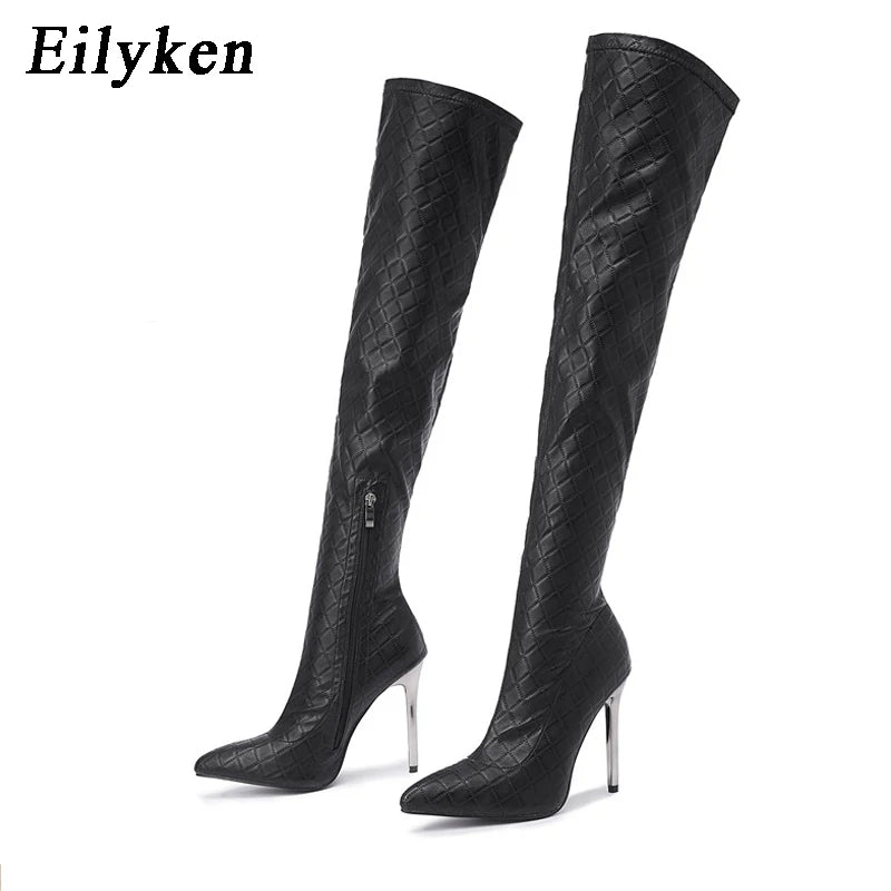 Eilyken Sexy Over The Knee Boots Women Thin Heels Pointed Toe Zipper Thigh High Booties Winter Nightclub Party Stripper Shoes