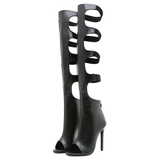 Aneikeh Fashion Black Hollow Out Thigh High Over The Knee Boots Women PeepToe