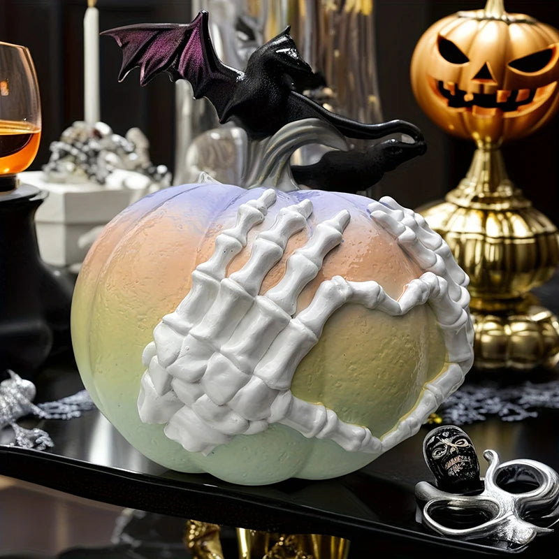 Fake Pumpkins Halloween Pumpkin Skeleton Hand Figurines Resin Artwork Collectible Figurines Gothic Fall Decor Halloween