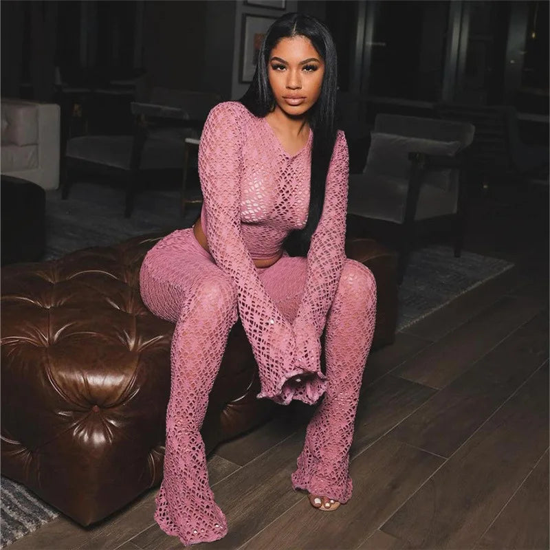 Sexy Mesh Lace Two Piece Pant Set Women Summer Spring Tracksuits Elegant Luxury Outfits Club Wear 2 Piece Pant Sets Outfits