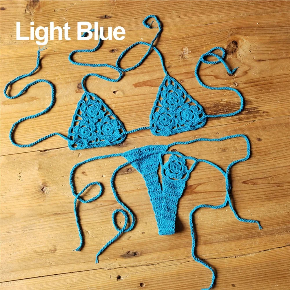 Women Sexy Handmade Bikini Sets Crochet Flower Solid Color Lace Thong String Swimwear Sunbathing Swimsuit Beach Wear Lace-up