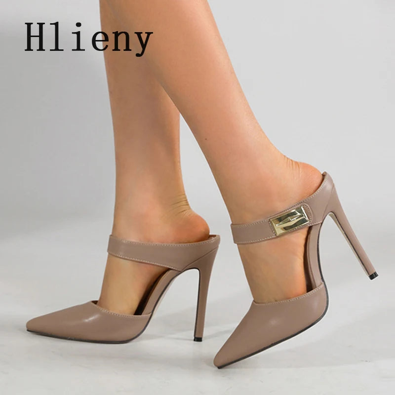 Hlieny Street Style Pointed Toe Quality Patent Leather Women Pumps Sexy Stripper Slipper Ladies Thin High Heels Sandals Shoes
