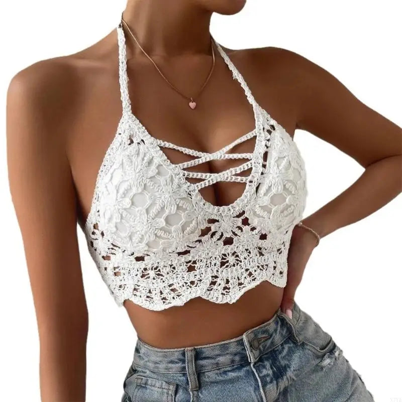 N7YE Crochet Beach Halter Bra Women Hollow Strappy Sexy V-Neck Cami Vest Top
