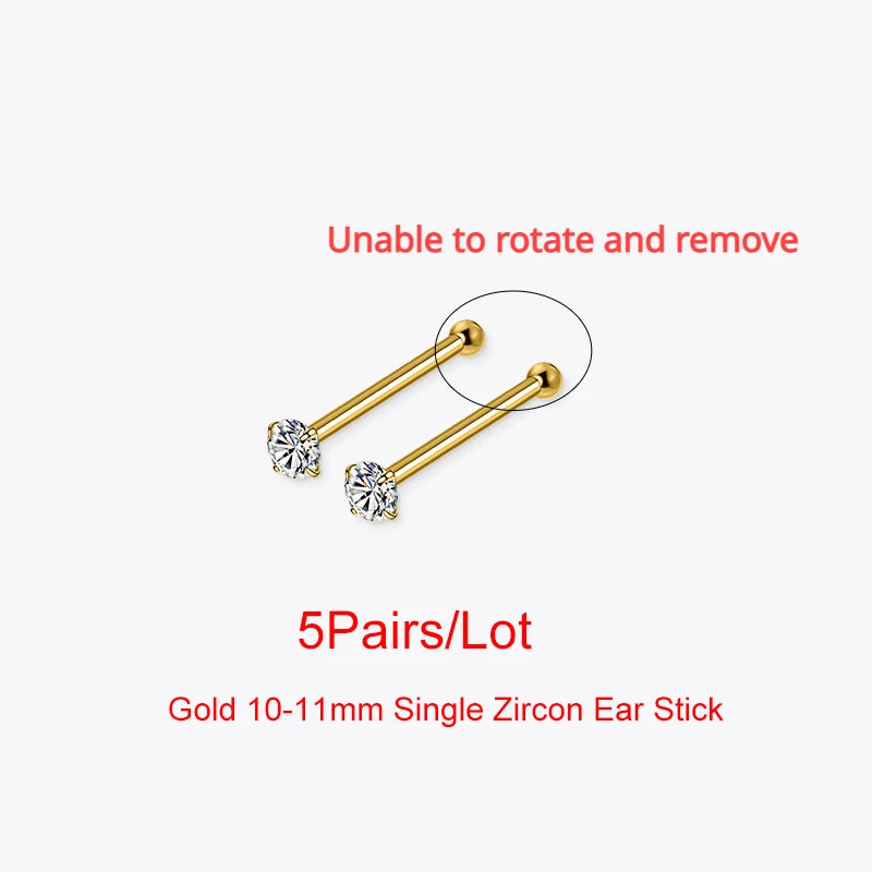 SOFTPIG 5 Pairs/Lot Real 925 Sterling Silver Single Zircon Ear Hole Bead Stud Earrings For Women Classic Minimalist Fine Jewelry