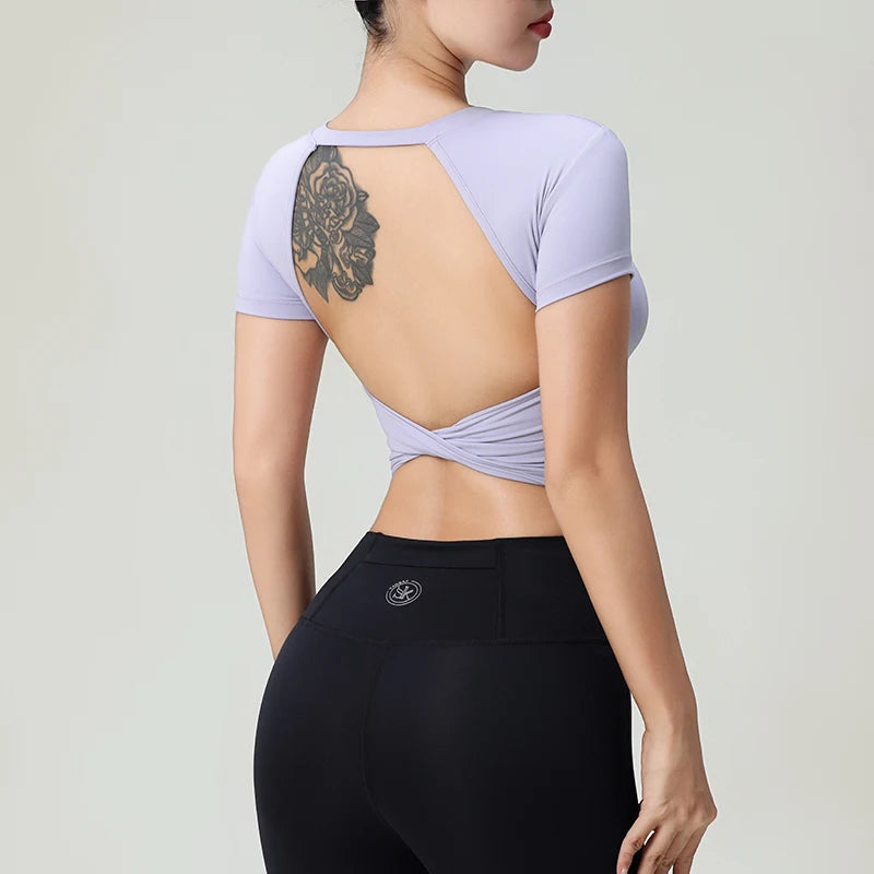 New yoga short sleeve with chest pad sexy back fitness wear yoga top women wear waist slimming sports T-shirt
