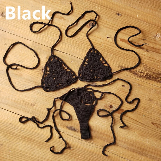 Women Sexy Handmade Bikini Sets Crochet Flower Solid Color Lace Thong String Swimwear Sunbathing Swimsuit Beach Wear Lace-up