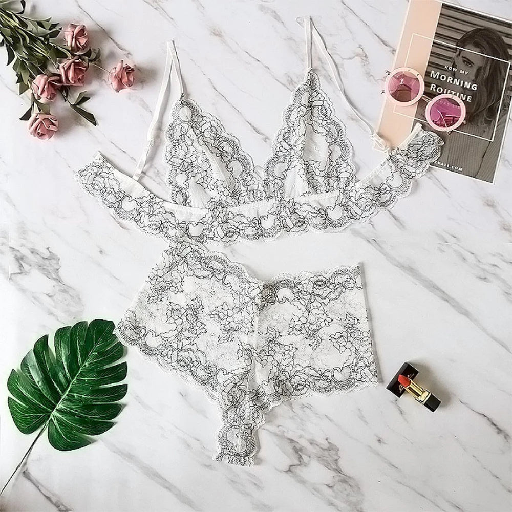 Women's Daily Sexy Bikini Sheer Breathable Lingerie Lace Tulle Netting Underwear See Through Elastic Nightwear Briefs Bra Sets