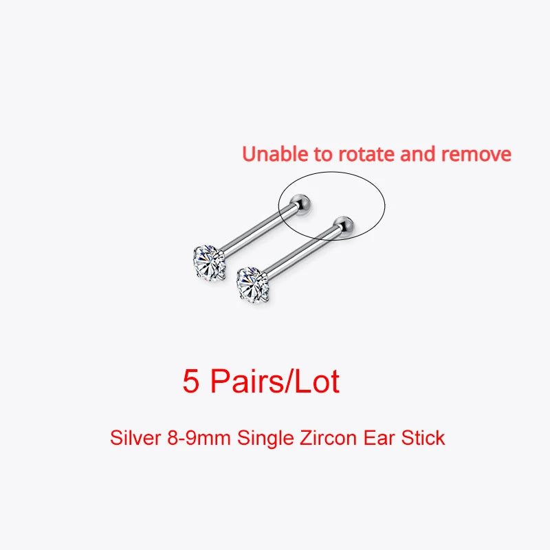SOFTPIG 5 Pairs/Lot Real 925 Sterling Silver Single Zircon Ear Hole Bead Stud Earrings For Women Classic Minimalist Fine Jewelry