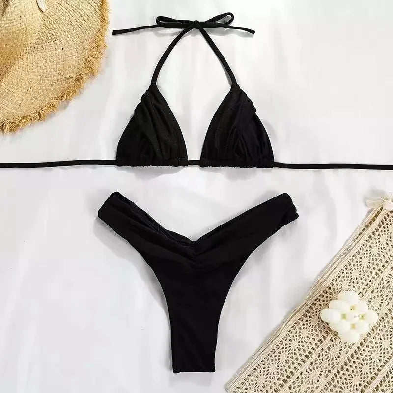 Sexy Micro Bikinis 2025 Women Halter Brazilian Bikini Set Female Pleated Swimsuit New Triangle Swimwear Beach Wear Bathing Suit