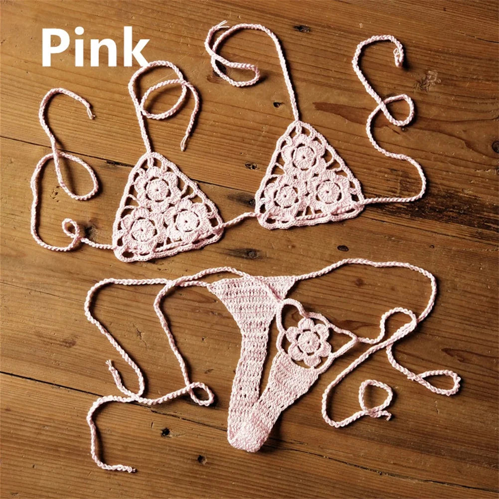 Women Sexy Handmade Bikini Sets Crochet Flower Solid Color Lace Thong String Swimwear Sunbathing Swimsuit Beach Wear Lace-up