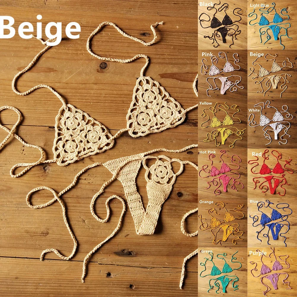 Women Sexy Handmade Bikini Sets Crochet Flower Solid Color Lace Thong String Swimwear Sunbathing Swimsuit Beach Wear Lace-up