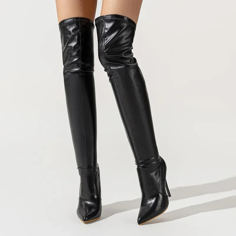 Eilyken Sexy PU Leather Women Over-the-Knee Boots Fashion Pointed Toe Long Booties Thin High Heels Stripper Party Shoes