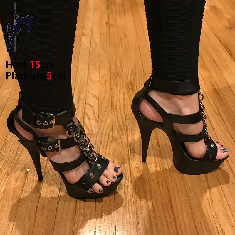 Women Sandals Shoes Roman Hollow 15CM High Stripper Heeled Pole Dance Shoes Nightclub Open Toe Ladies Platform Club Queen Sandal