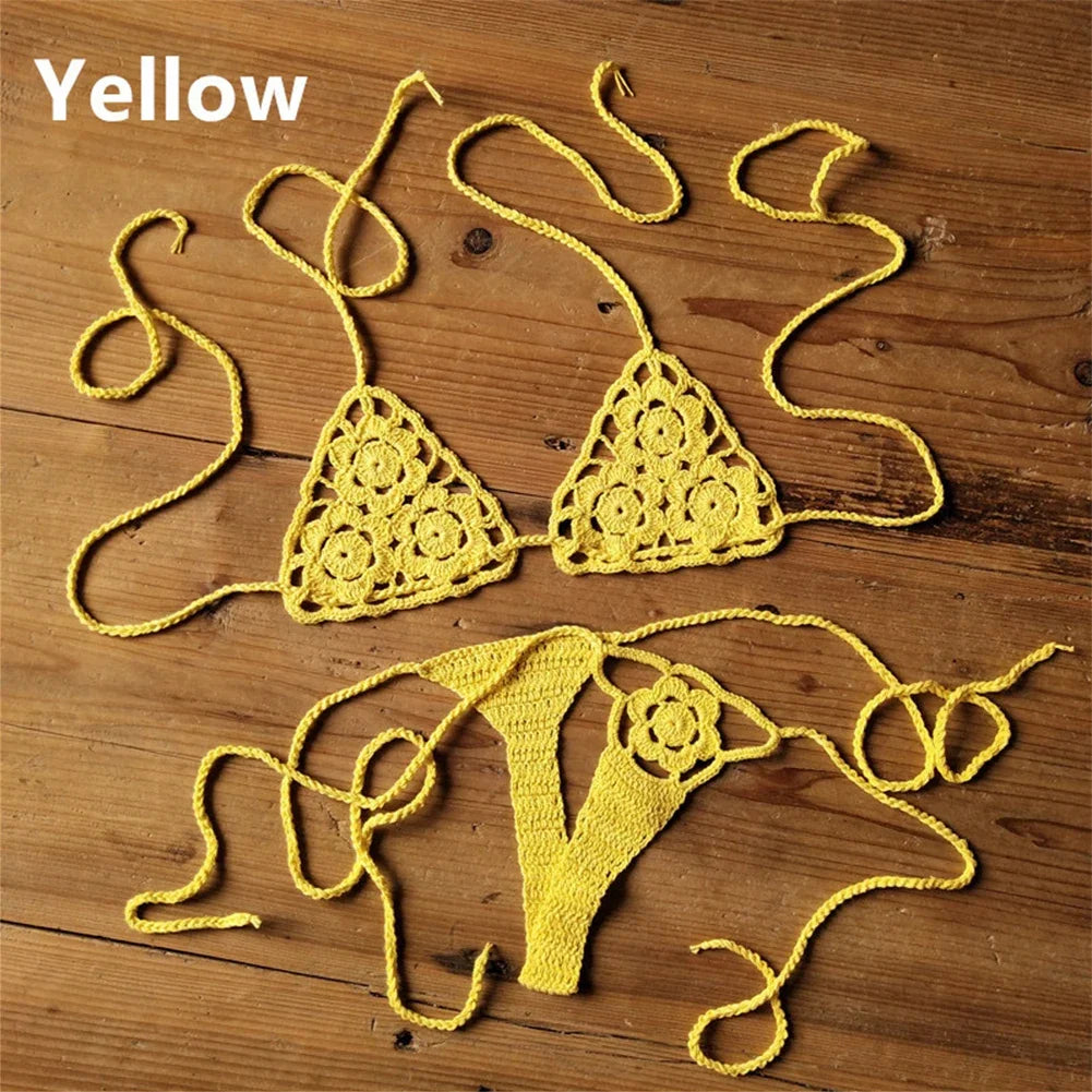 Women Sexy Handmade Bikini Sets Crochet Flower Solid Color Lace Thong String Swimwear Sunbathing Swimsuit Beach Wear Lace-up