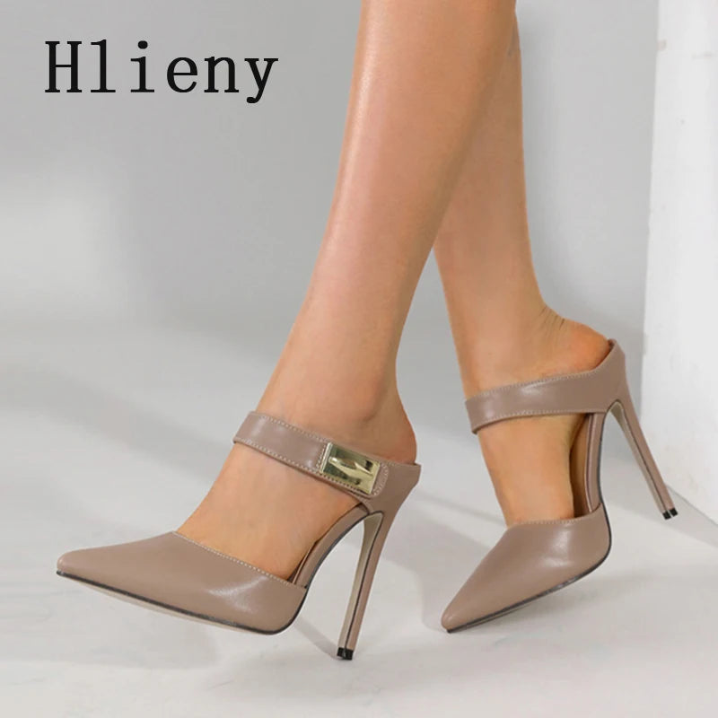 Hlieny Street Style Pointed Toe Quality Patent Leather Women Pumps Sexy Stripper Slipper Ladies Thin High Heels Sandals Shoes