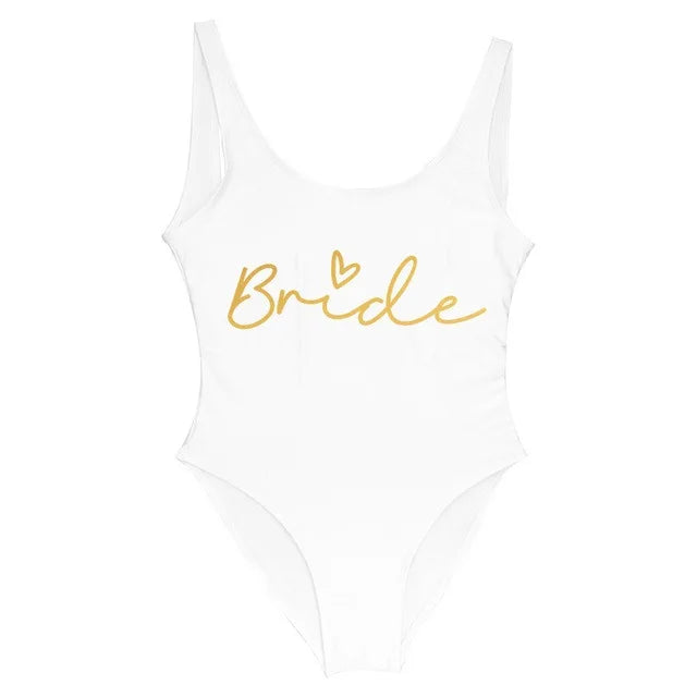S-3XL Gold Print Team Bride One-Piece Swimsuit Squad Women Swimwear Sexy Padded Bachelorette Party Bathing Suit Summer Beachwear