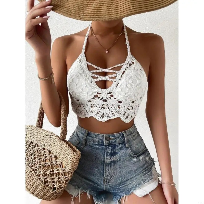 N7YE Crochet Beach Halter Bra Women Hollow Strappy Sexy V-Neck Cami Vest Top