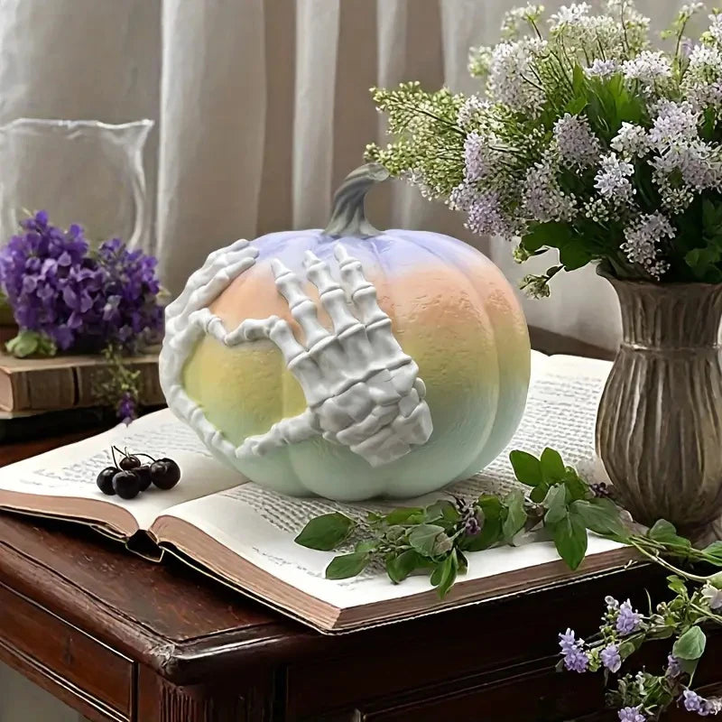 Fake Pumpkins Halloween Pumpkin Skeleton Hand Figurines Resin Artwork Collectible Figurines Gothic Fall Decor Halloween