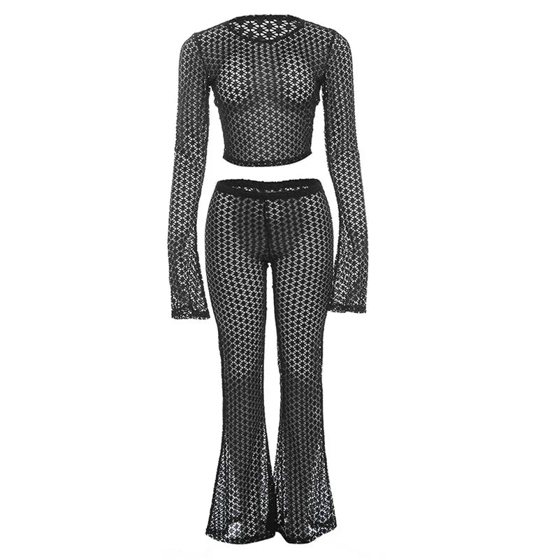 Sexy Mesh Lace Two Piece Pant Set Women Summer Spring Tracksuits Elegant Luxury Outfits Club Wear 2 Piece Pant Sets Outfits