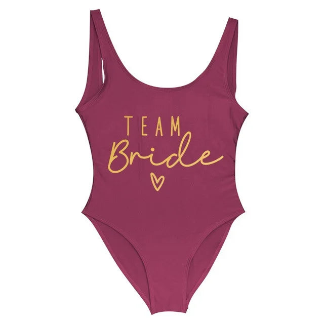 S-3XL Gold Print Team Bride One-Piece Swimsuit Squad Women Swimwear Sexy Padded Bachelorette Party Bathing Suit Summer Beachwear