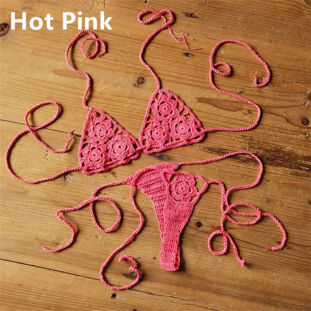 Women Sexy Handmade Bikini Sets Crochet Flower Solid Color Lace Thong String Swimwear Sunbathing Swimsuit Beach Wear Lace-up