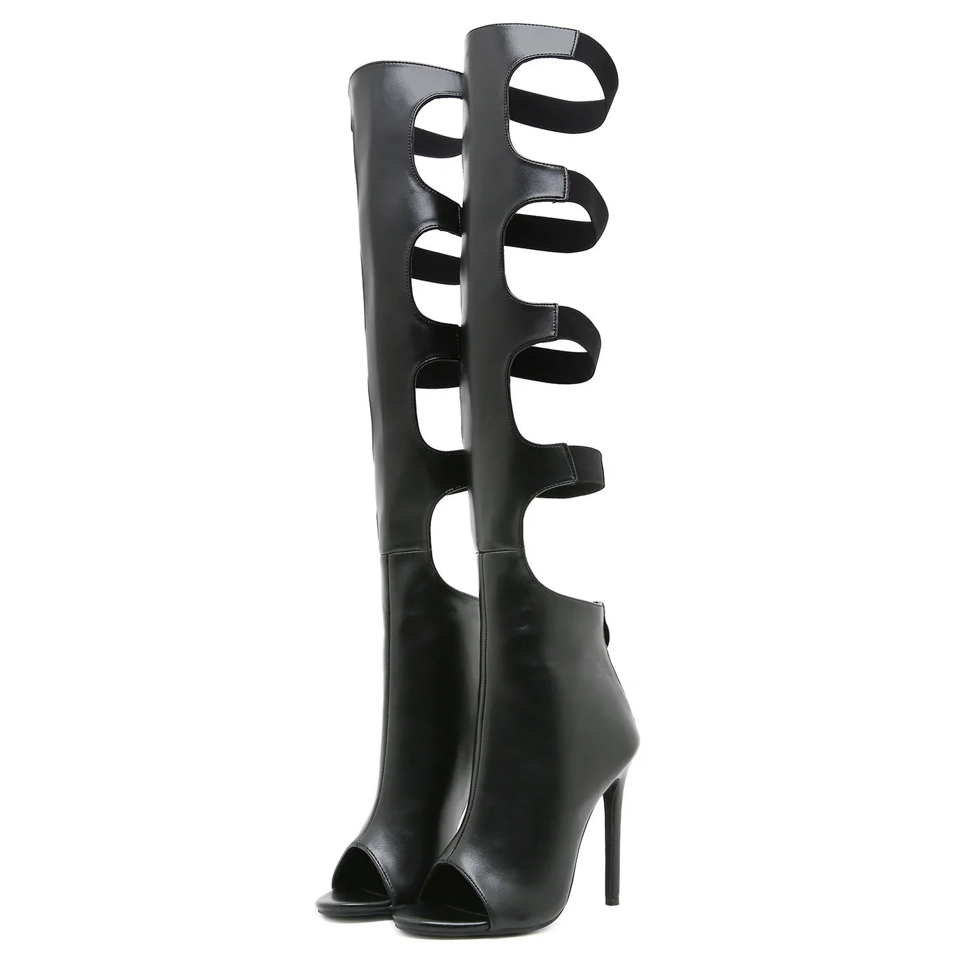 Aneikeh Fashion Black Hollow Out Thigh High Over The Knee Boots Women PeepToe