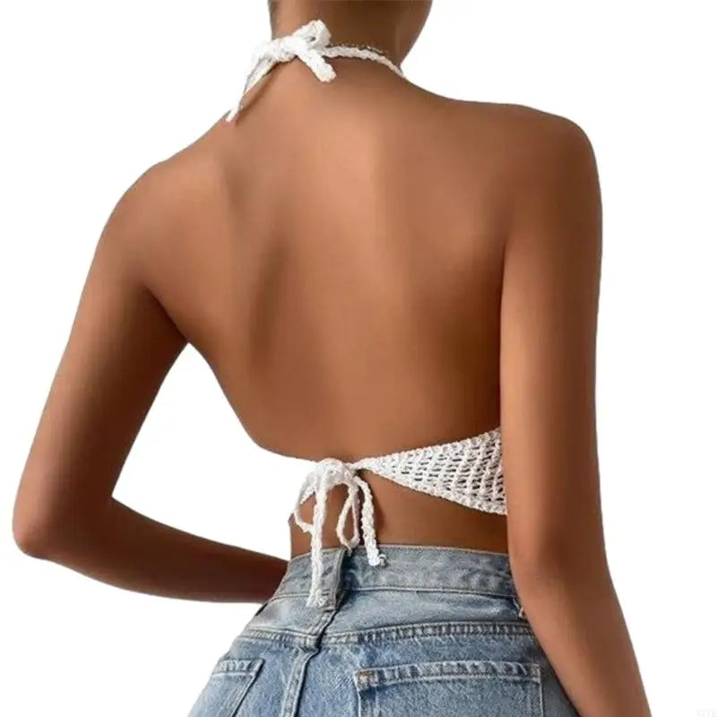N7YE Crochet Beach Halter Bra Women Hollow Strappy Sexy V-Neck Cami Vest Top