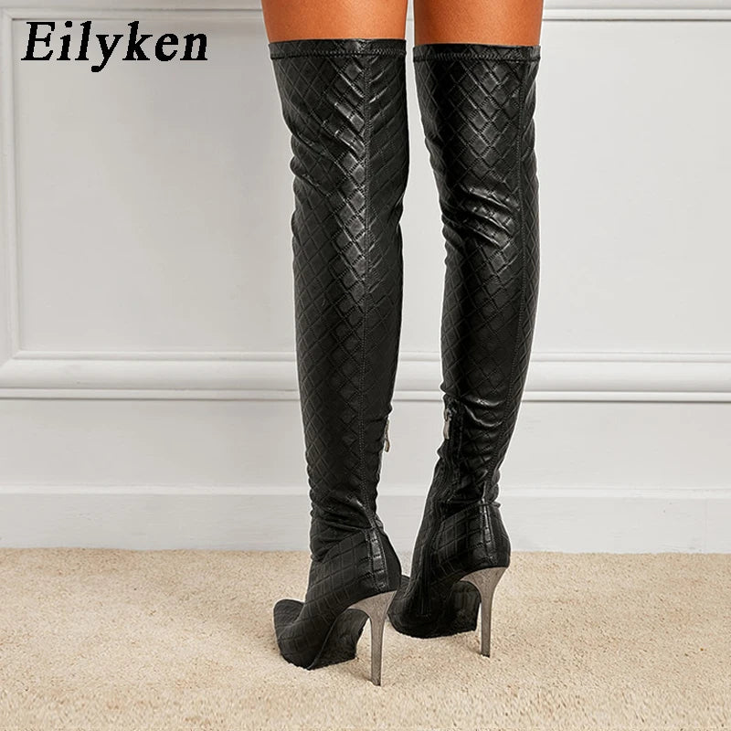 Eilyken Sexy Over The Knee Boots Women Thin Heels Pointed Toe Zipper Thigh High Booties Winter Nightclub Party Stripper Shoes
